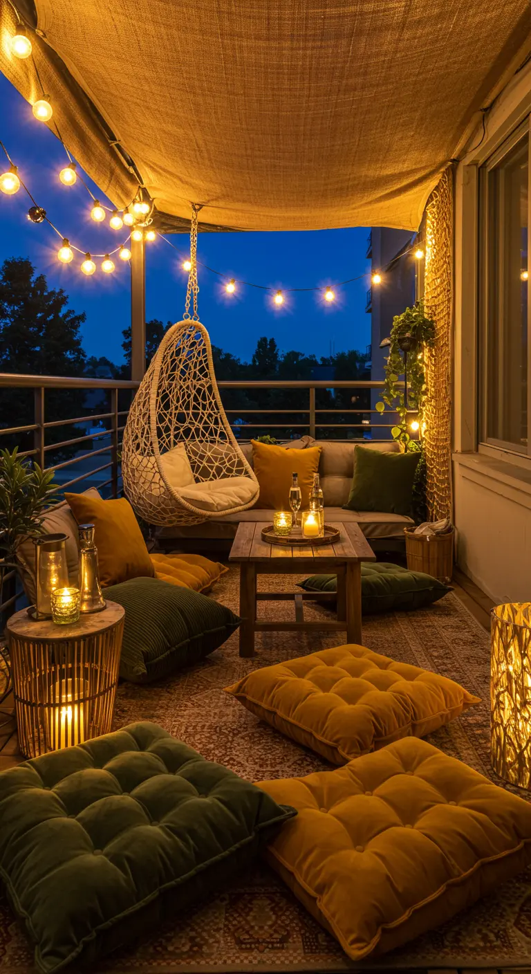 Balcony with hanging egg chair, string lights, and a mix of green and yellow cushions.