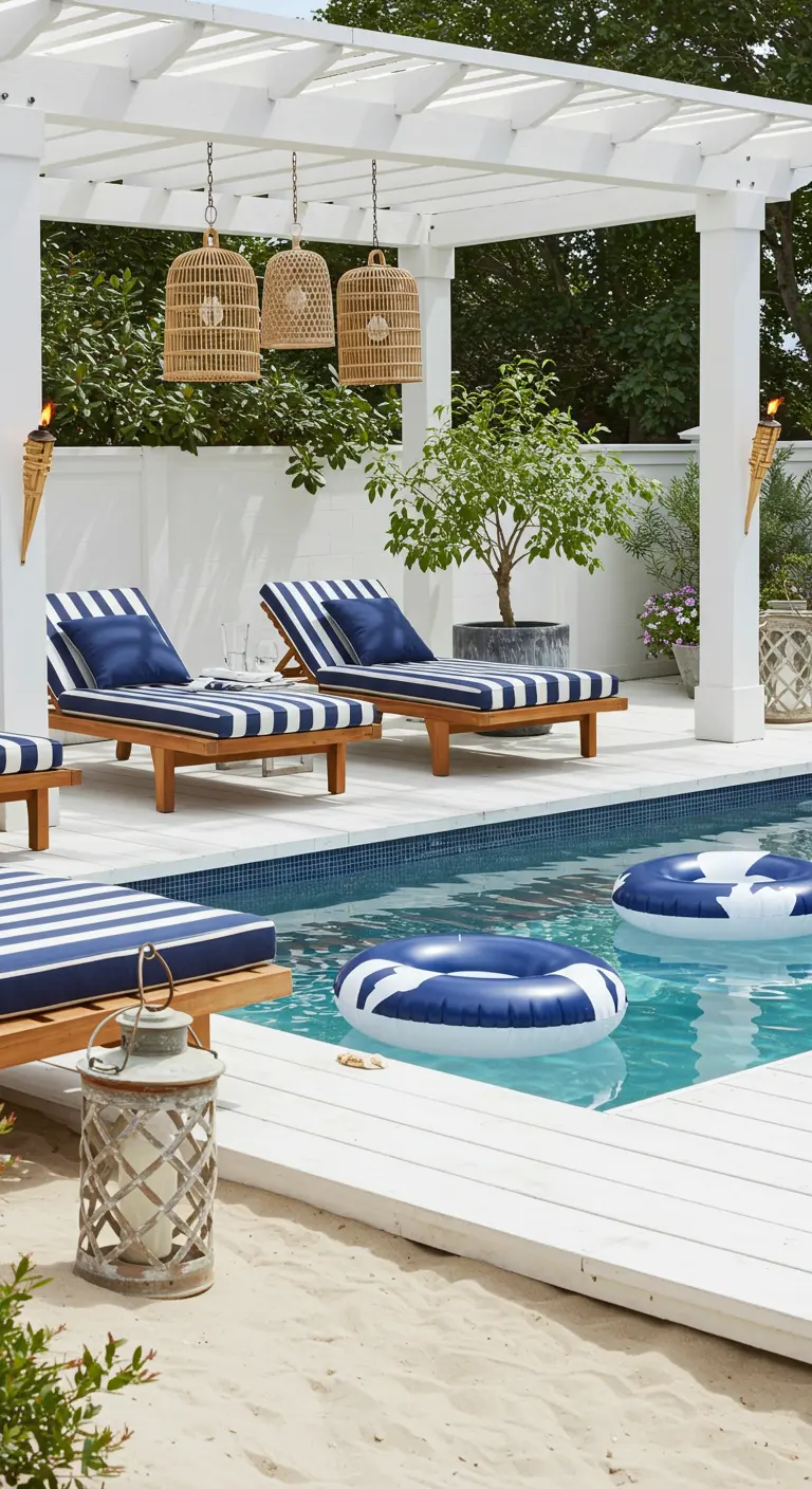 Poolside with navy striped loungers, rattan pendants, and a white deck.