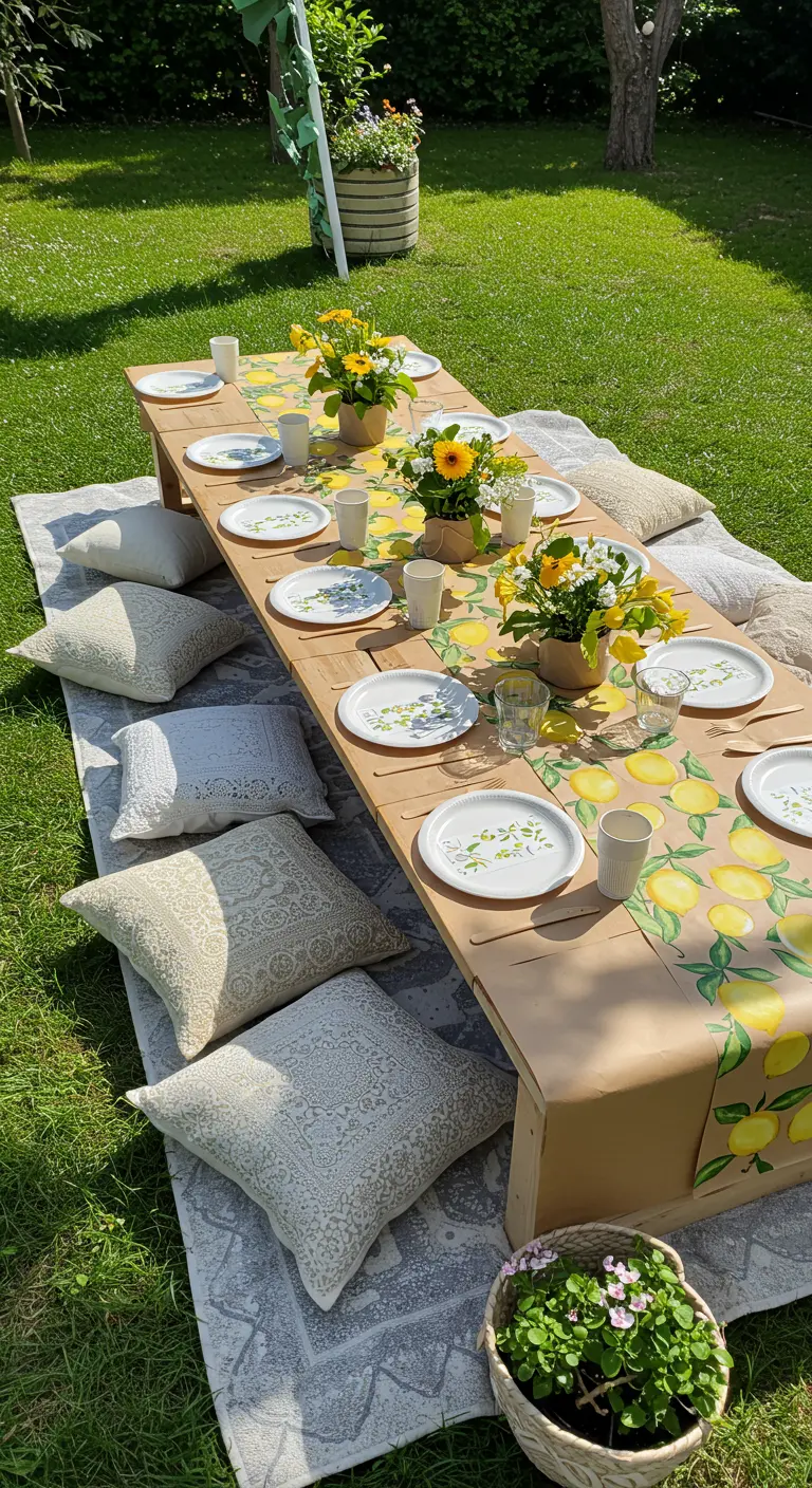A low wooden table on grass with a kraft paper runner painted with bright yellow lemons.