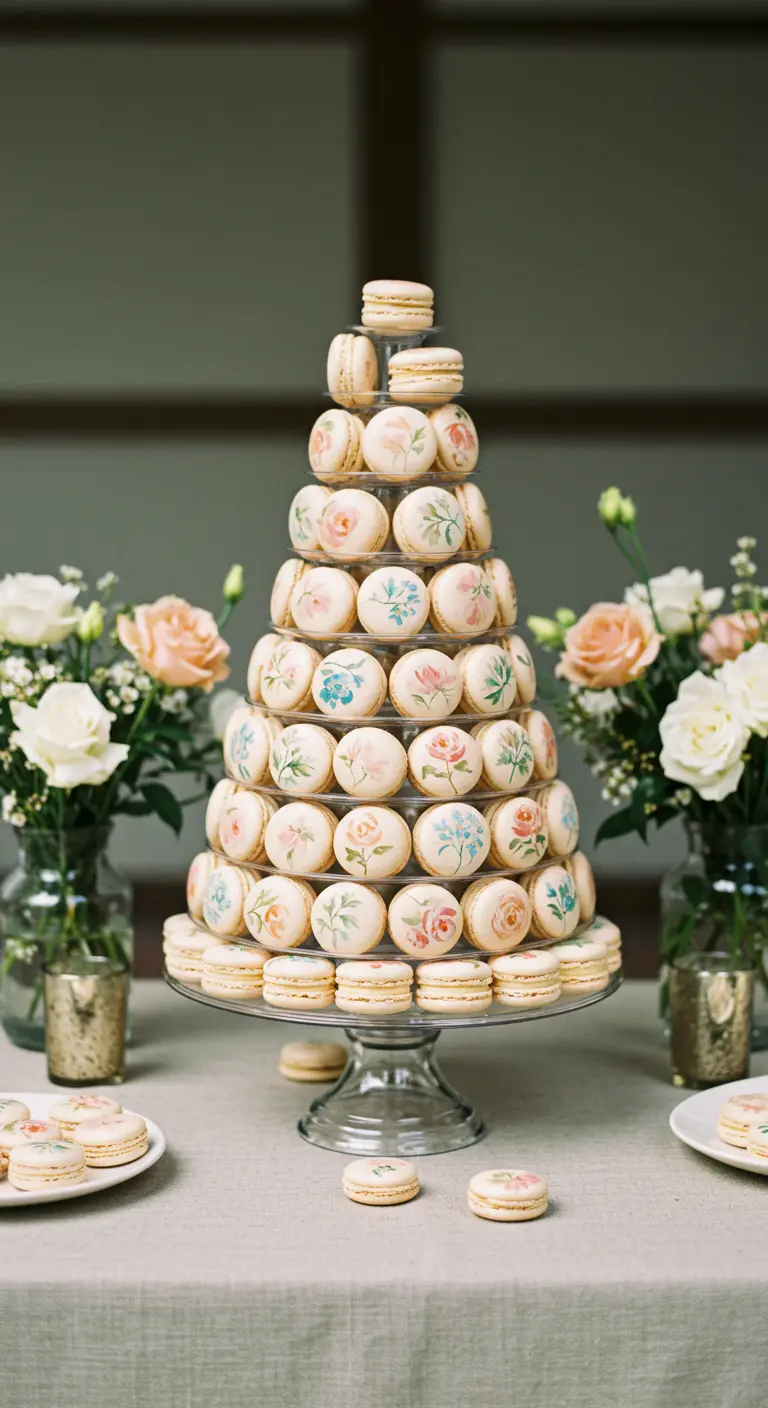 A multi-tiered tower of macarons hand-painted with delicate flowers.