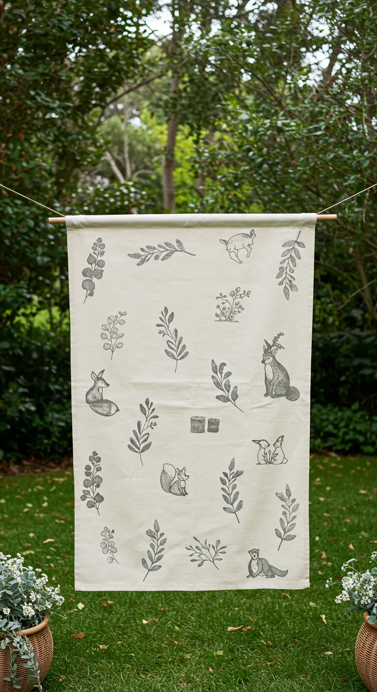 A canvas banner with stamped woodland animals and leaves