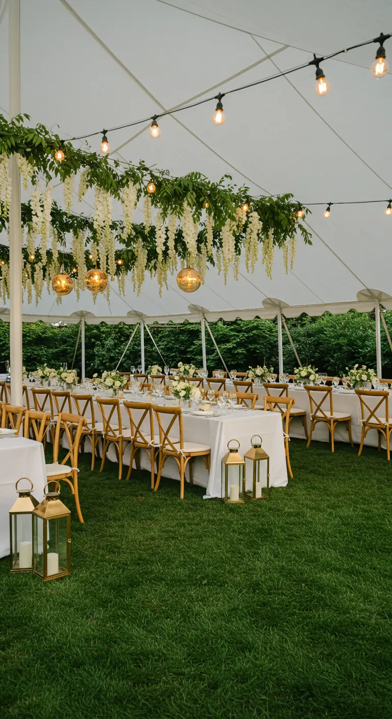 An outdoor tent decorated with hanging white wisteria, string lights, and gold lanterns on the grass.