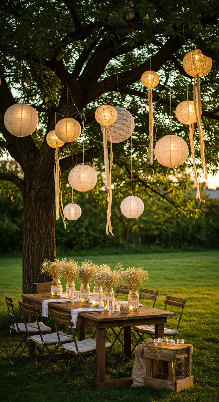 Paper and lace lanterns with ribbons hanging from a large tree over an outdoor dining table.