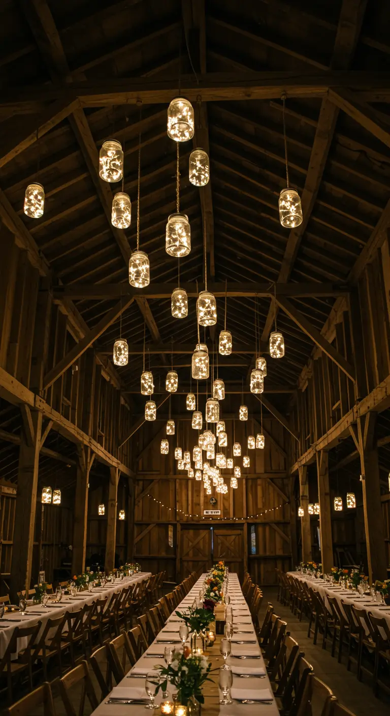 Dozens of mason jars with fairy lights hanging from the rafters of a rustic wooden barn.