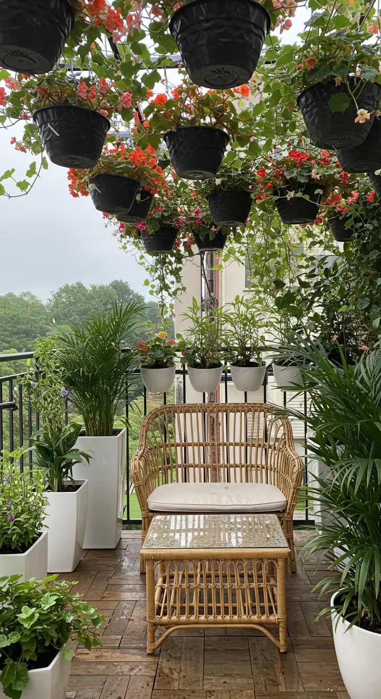 A balcony with a dense canopy of hanging baskets filled with red and pink flowers.