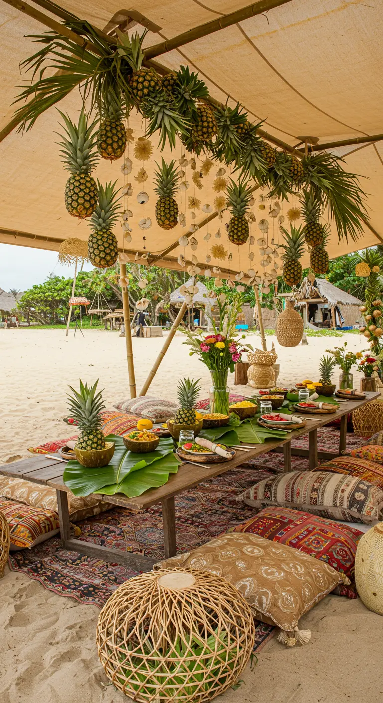A garland of real pineapples, palm fronds, and shells hanging over a beach table.