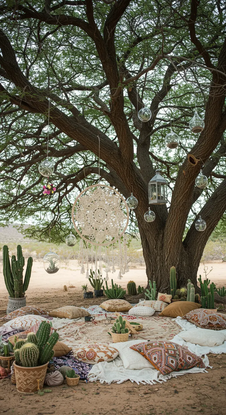 A large dreamcatcher and glass terrariums hanging from a tree over a bohemian picnic setup.