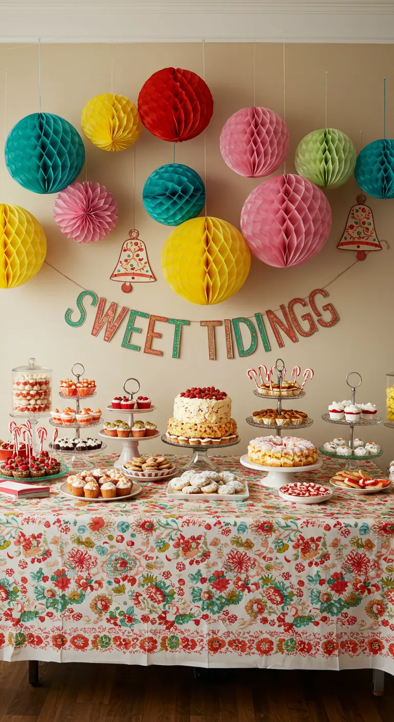 A dessert table topped with a colorful canopy of paper honeycomb balls.