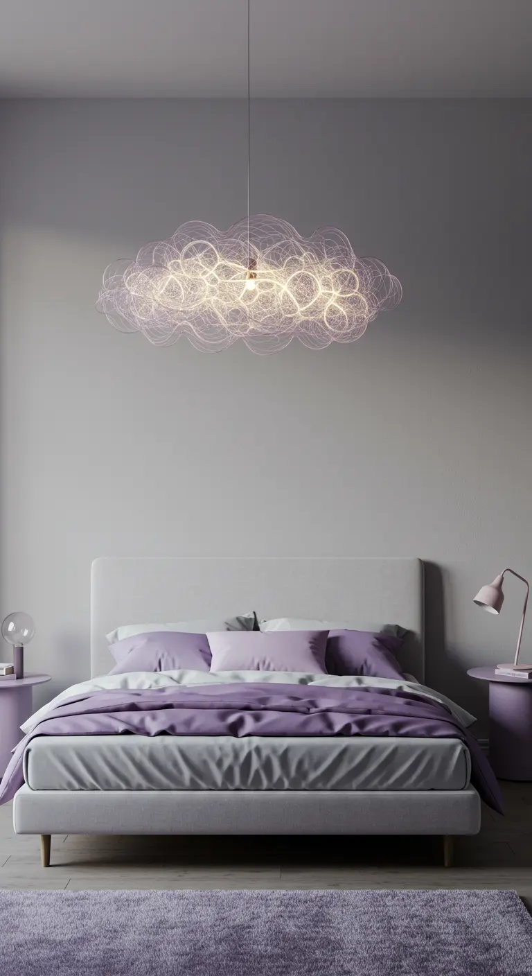 Minimalist bedroom with lavender bedding and a large, cloud-like pendant light.