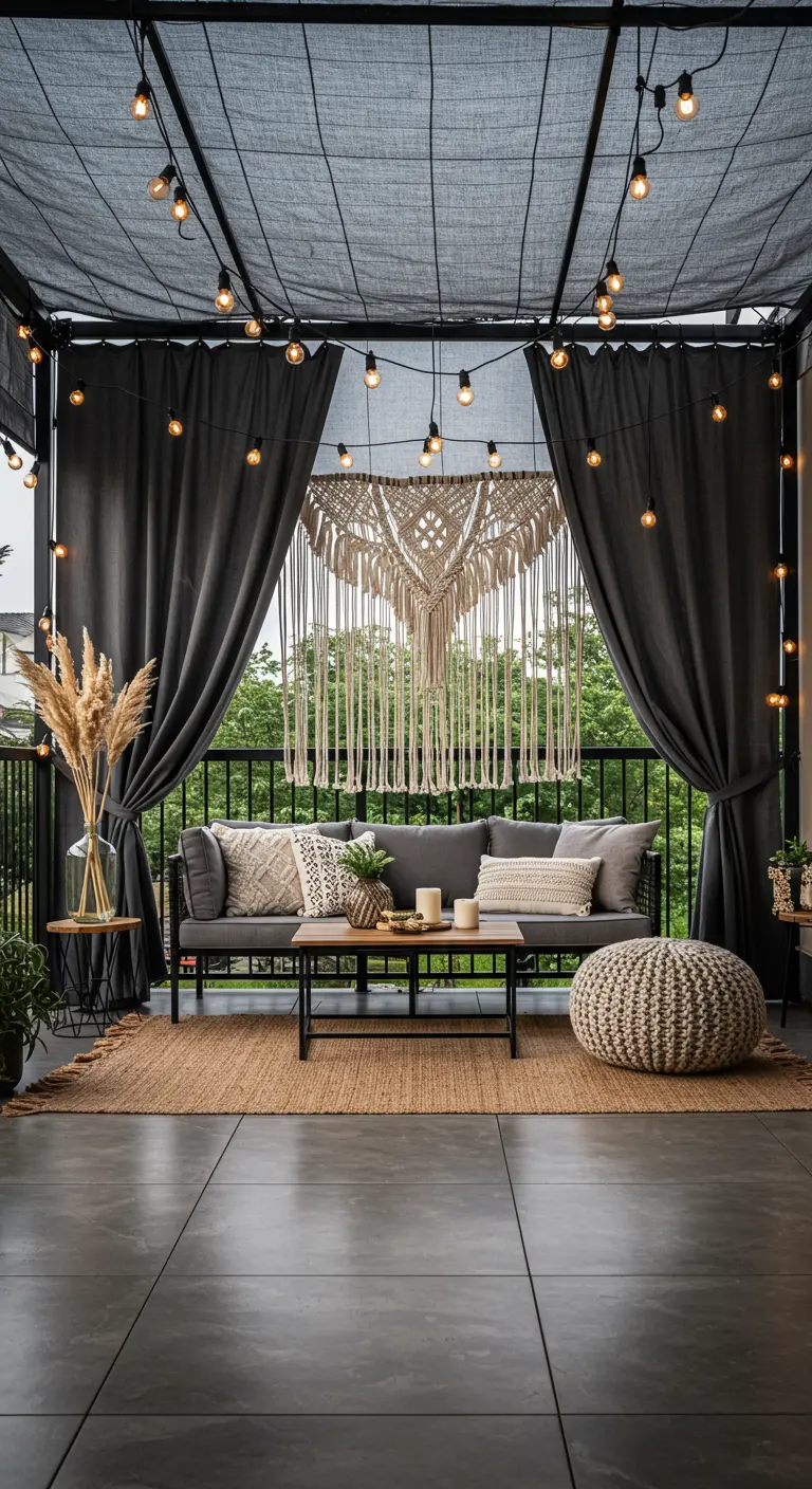 A modern balcony with dark grey curtains framing a large macramé wall hanging behind a sofa.