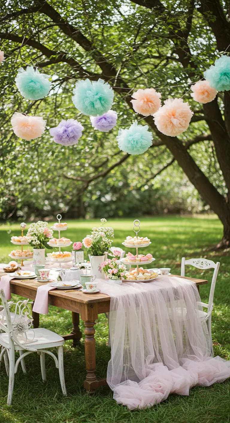 Pastel tulle pom-poms hanging over a garden tea party table.