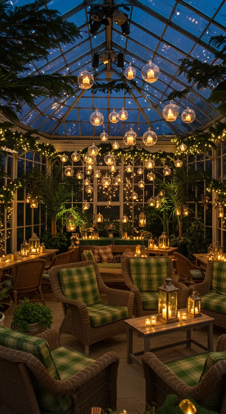 A stunning conservatory filled with plaid chairs and dozens of hanging glass candle orbs.