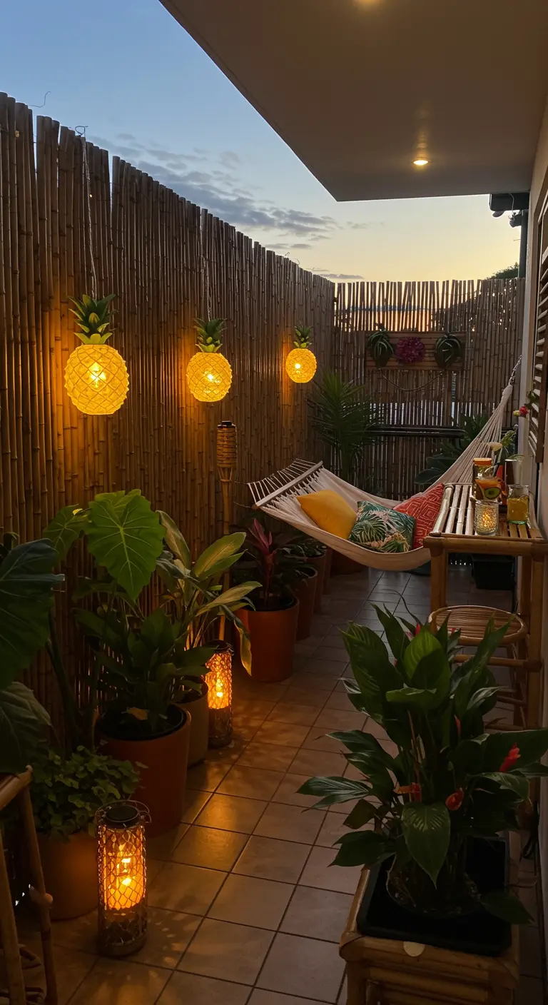A tropical-themed balcony with a bamboo screen, a hammock, and pineapple lanterns.