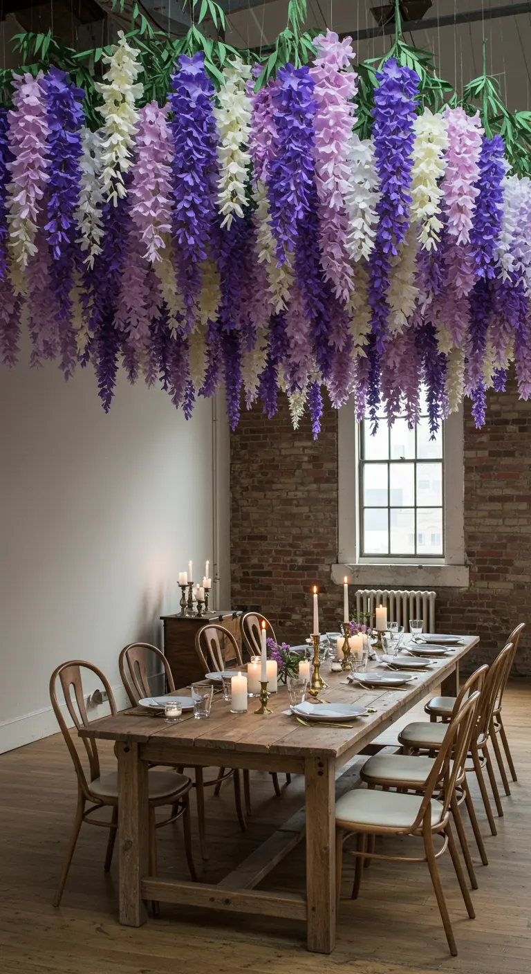A rustic dining table sits under a ceiling installation of hanging purple and white paper wisteria.