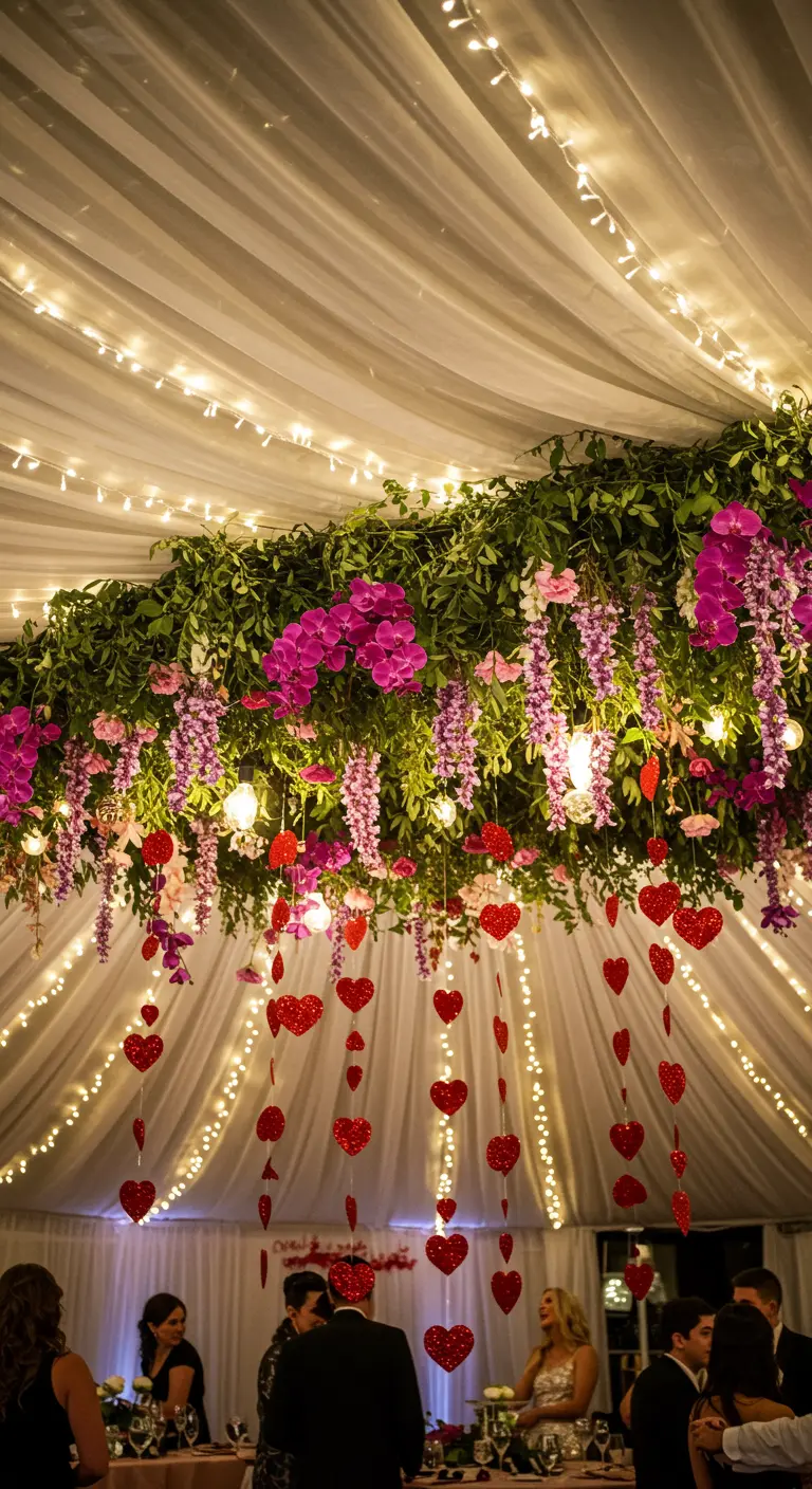 A ceiling draped with white fabric, greenery, hanging flowers, fairy lights, and red glitter hearts.