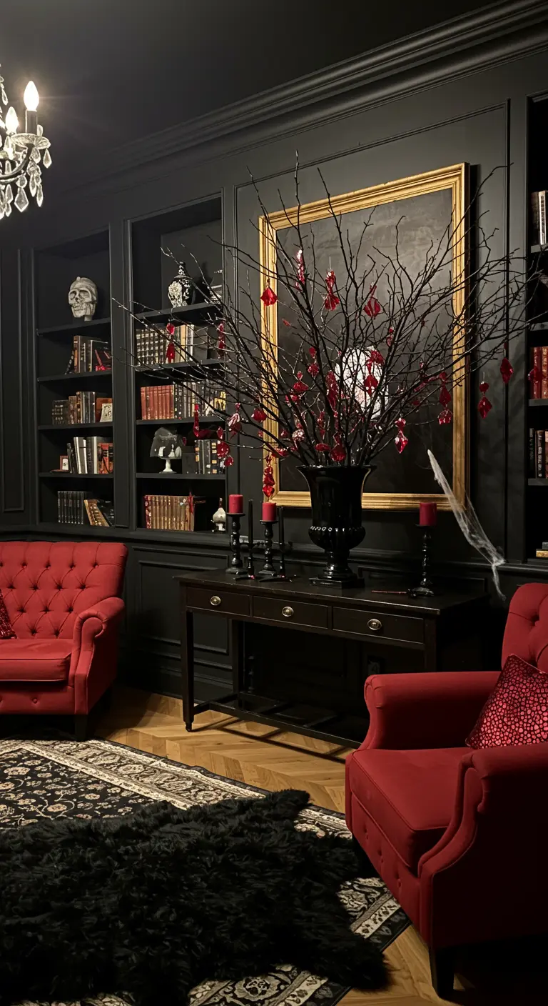 A large black urn with dark branches decorated with hanging red glass ornaments.