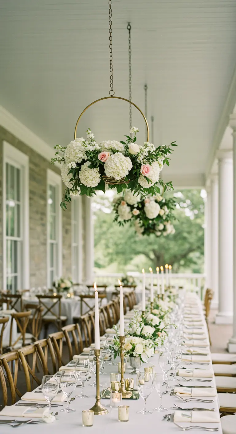 Elegant floral hoops with white hydrangeas and roses hanging over a long dining table.