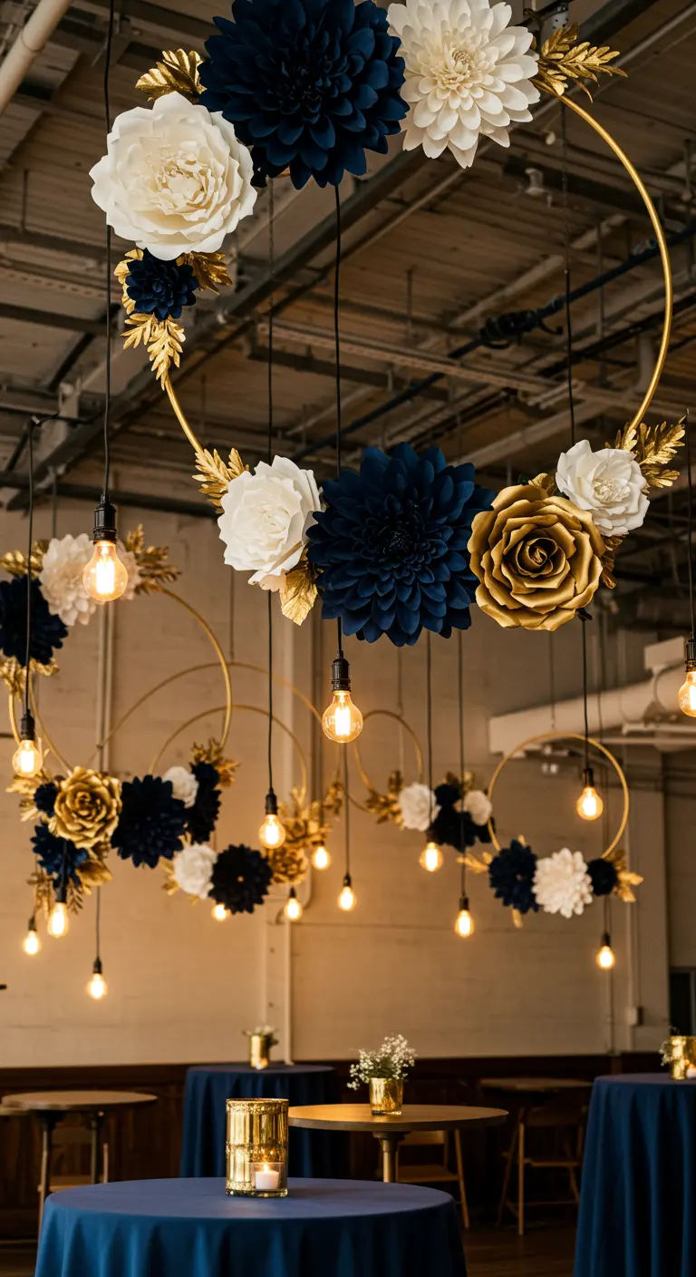 Gold hoops decorated with navy, white, and gold paper flowers hanging from a ceiling.