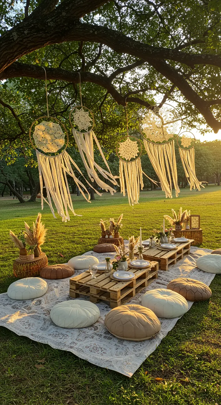 Boho dreamcatchers with long tulle tassels hanging from a tree.
