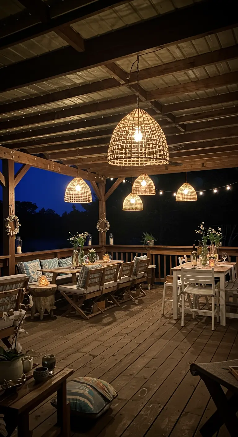 Woven rattan pendant lights hanging over a wooden dining table on an outdoor deck at night.