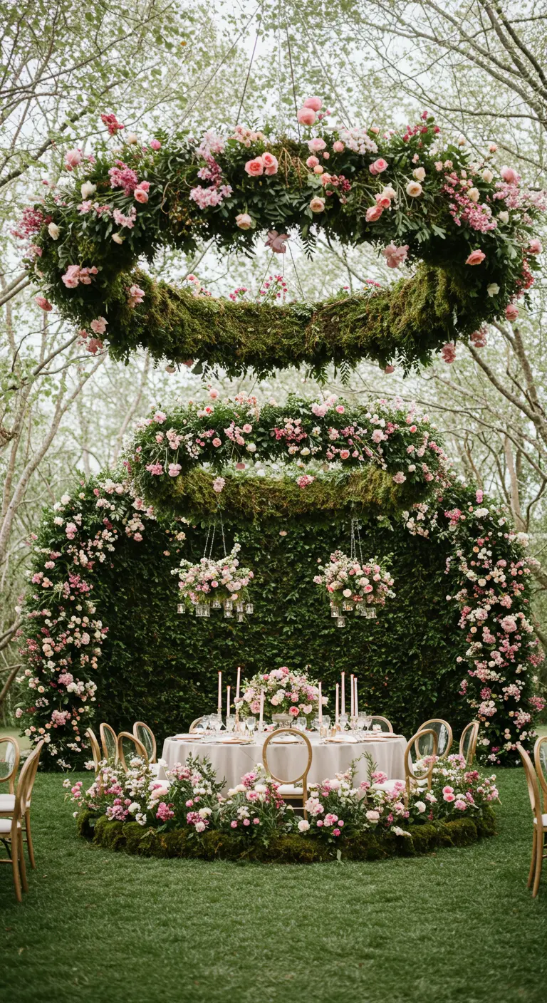 A wedding reception table under large hanging hoops of moss and pink flowers.