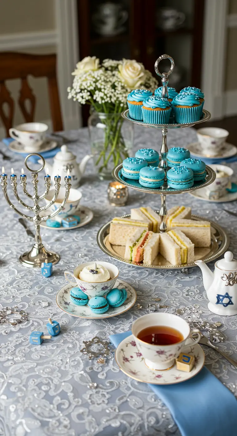 A Hanukkah-themed high tea with a tiered stand of blue treats, a lace tablecloth, and teacups.