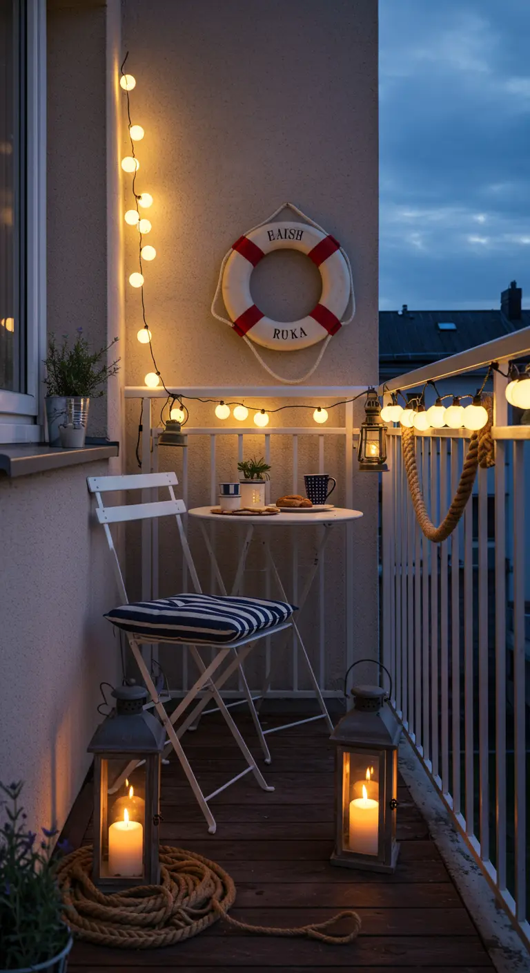 A small nautical balcony at dusk with lanterns, a lifebuoy, and string lights.