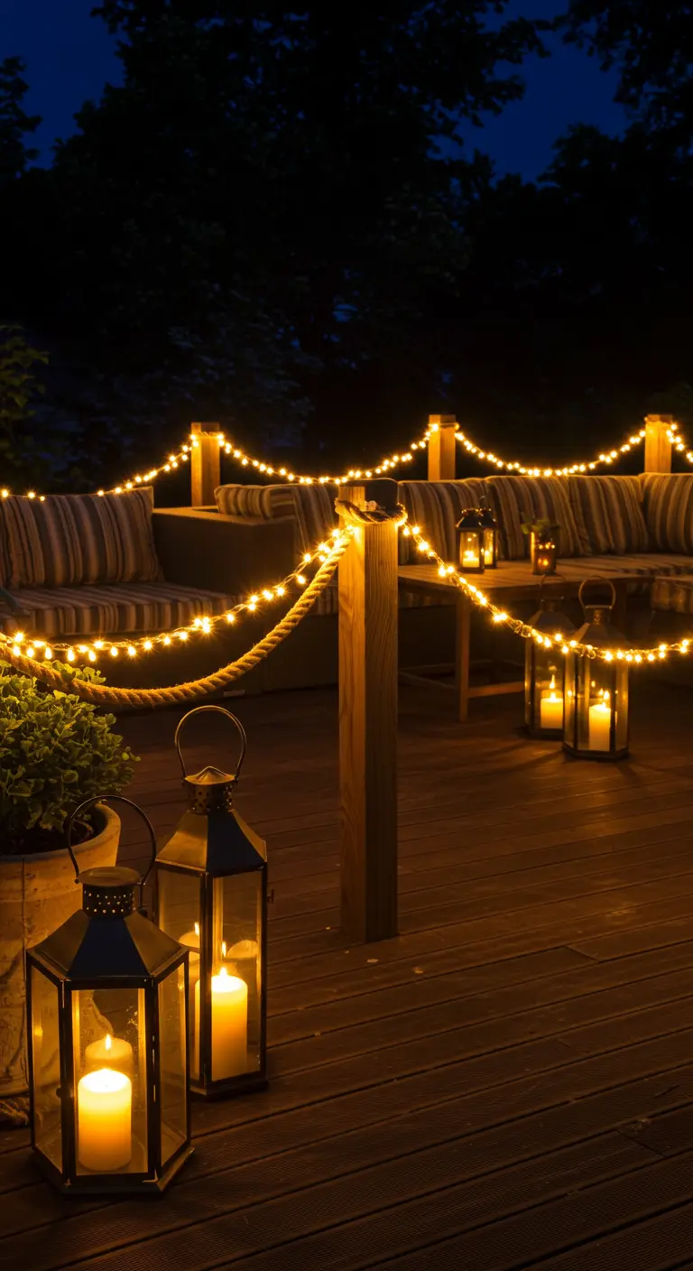 Wooden deck at night illuminated by rope-wrapped string lights and lanterns.