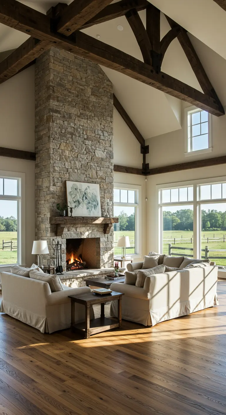 Grand living room with vaulted ceilings, a stone fireplace, and two facing slipcovered sofas.