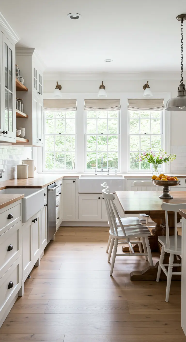 White farmhouse kitchen with wood countertops, three windows, and a dining table.
