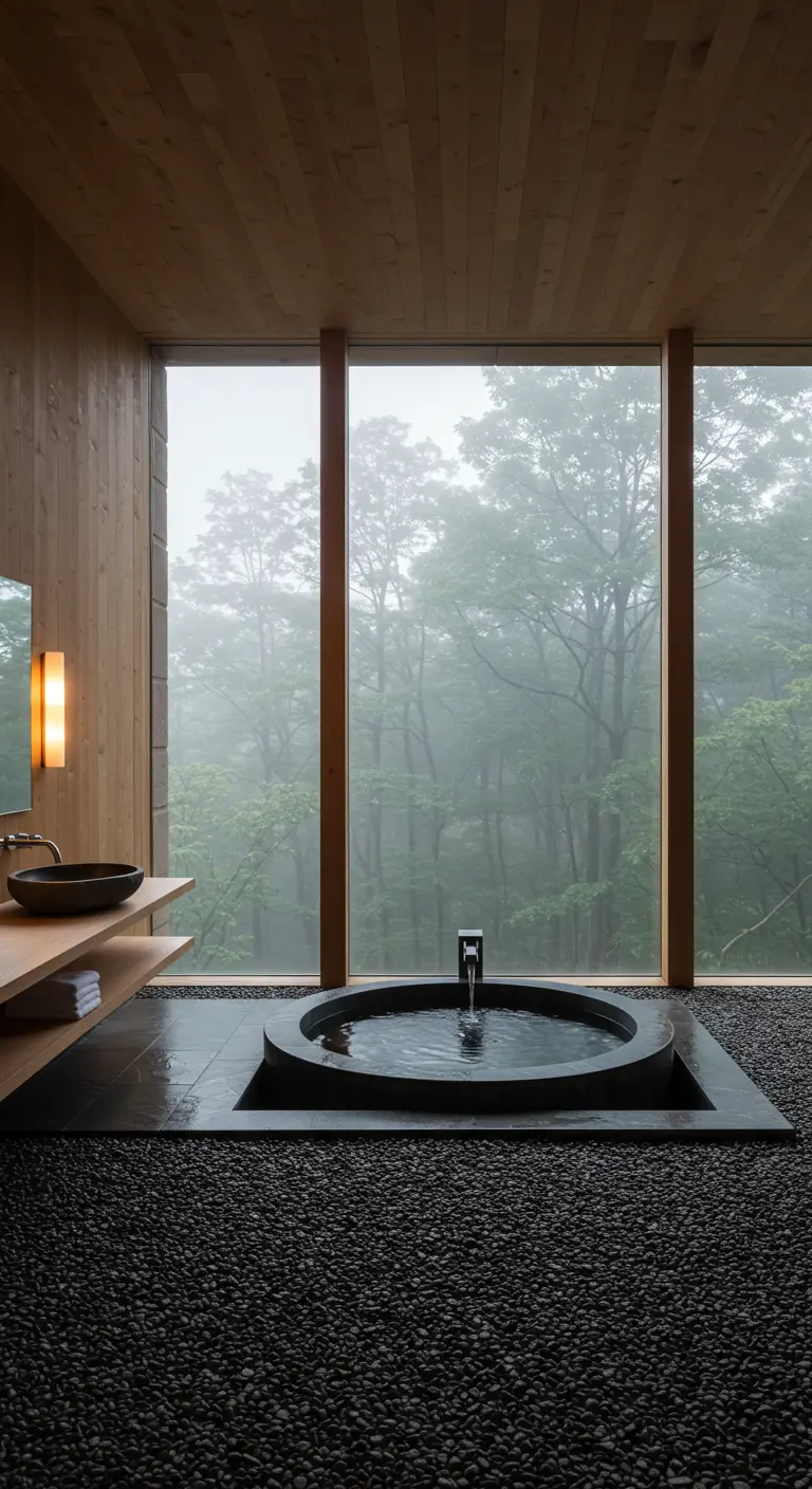 Minimalist bathroom with a circular sunken tub and a window overlooking a foggy forest.