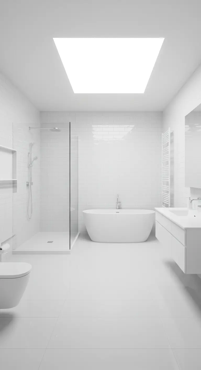 All-white minimalist bathroom with a large rectangular skylight as the main light source.
