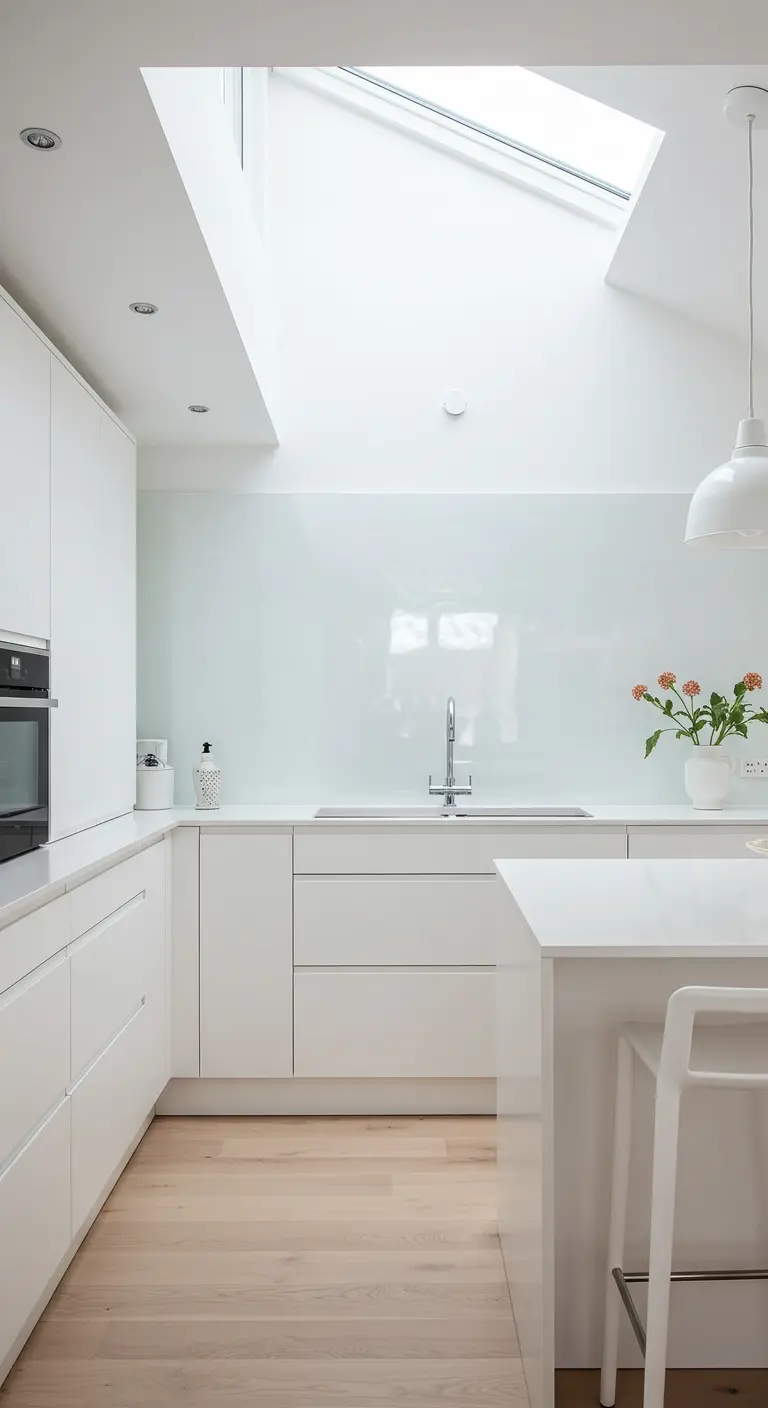 A minimalist white kitchen with a large skylight illuminating the countertops.