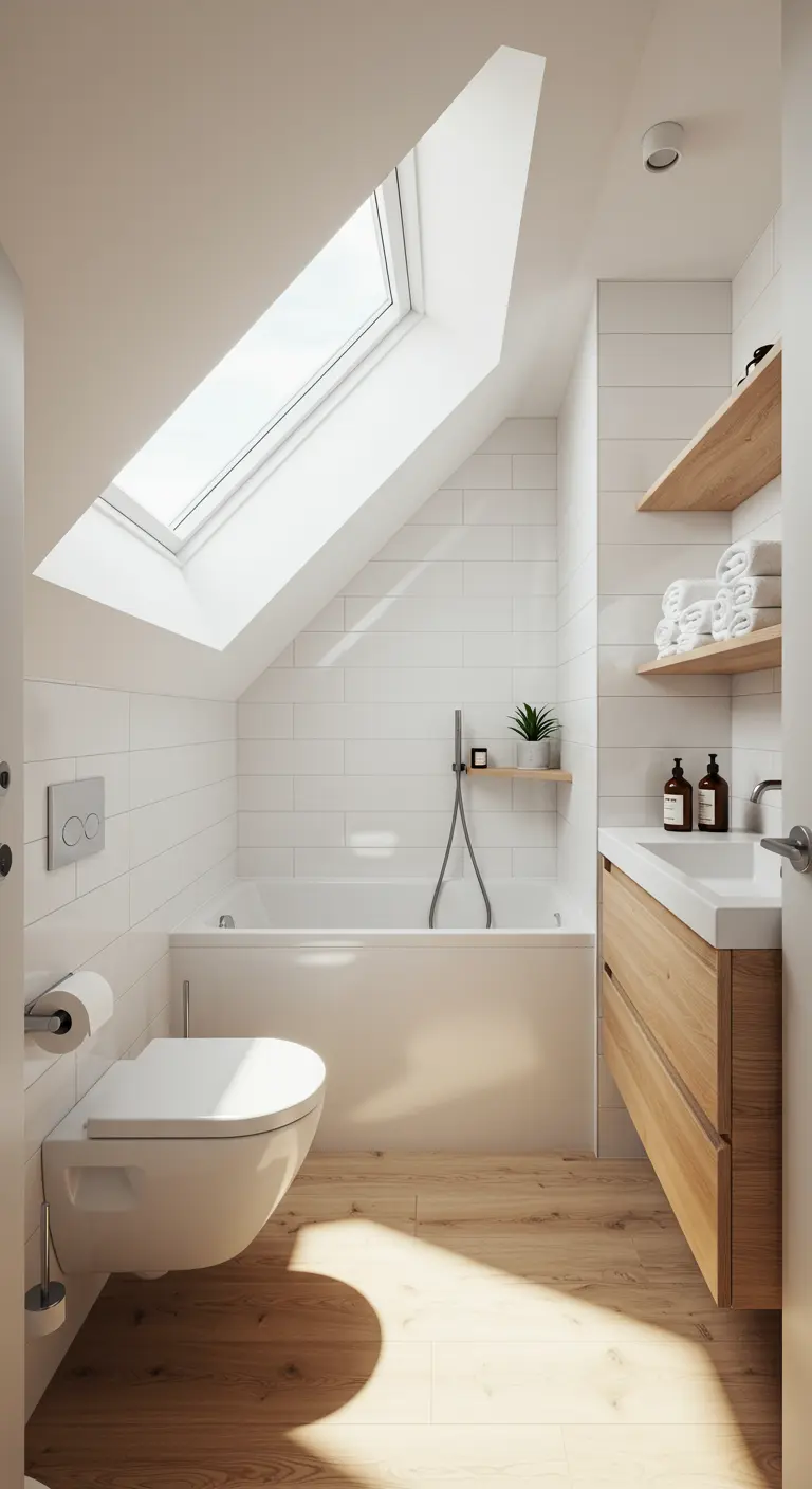 Bright attic bathroom with a skylight over the tub and light wood accents.