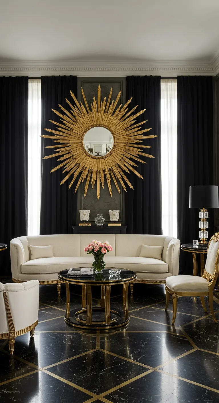 A large gold sunburst mirror on a dark wall above a cream sofa on a black marble floor.