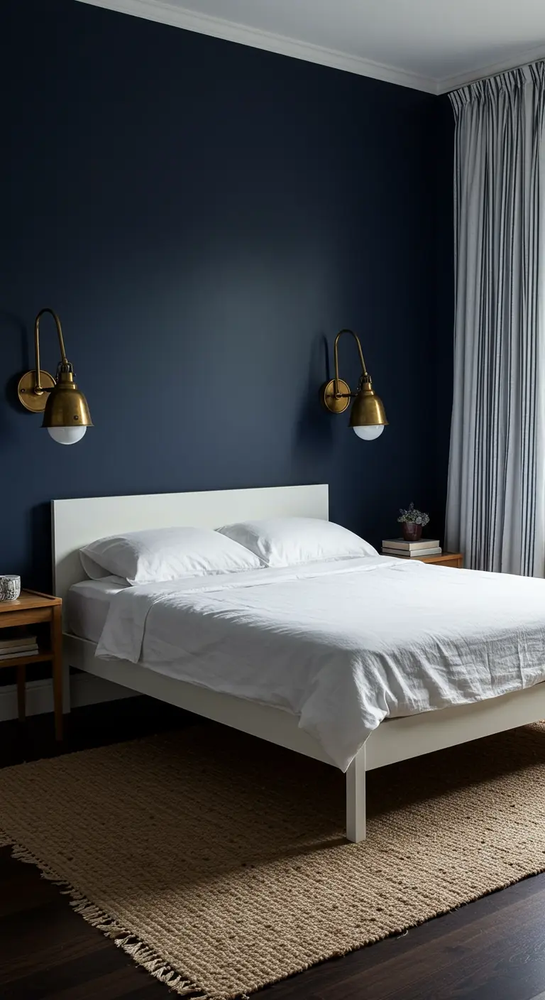 Minimalist bedroom with a single dark navy accent wall behind a simple white bed.