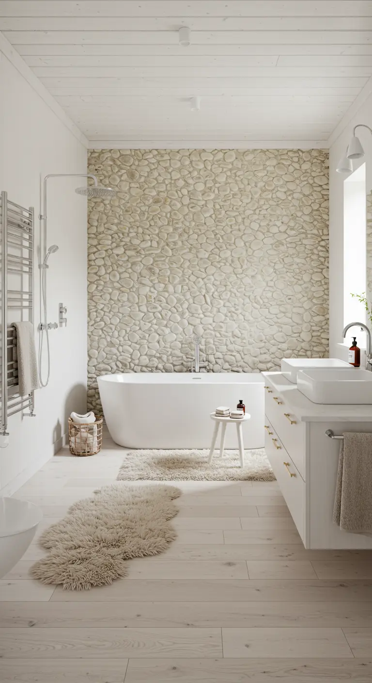 Scandinavian bathroom with a light pebble accent wall, white fixtures, and a sheepskin rug.