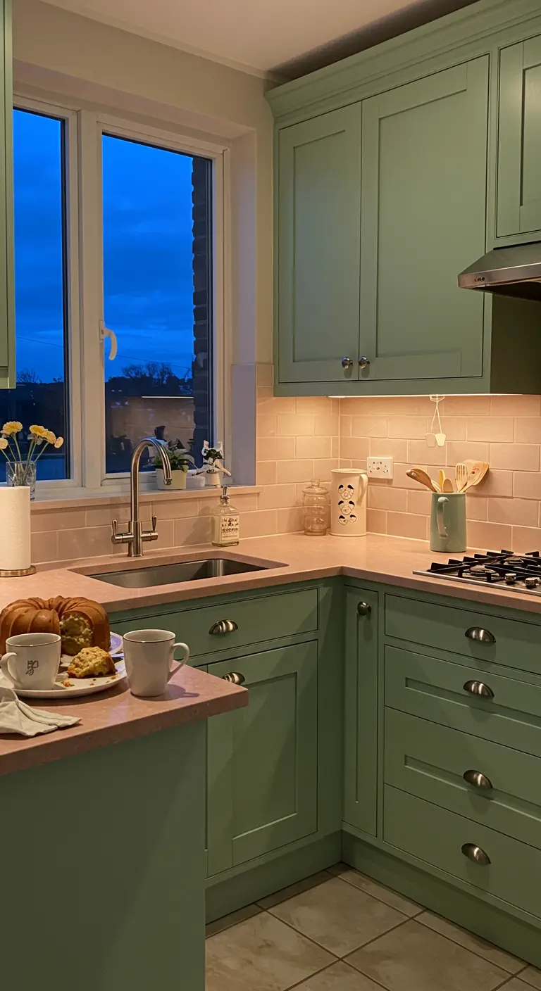 Mint and pink kitchen at dusk, with warm under-cabinet lighting creating a soft glow.