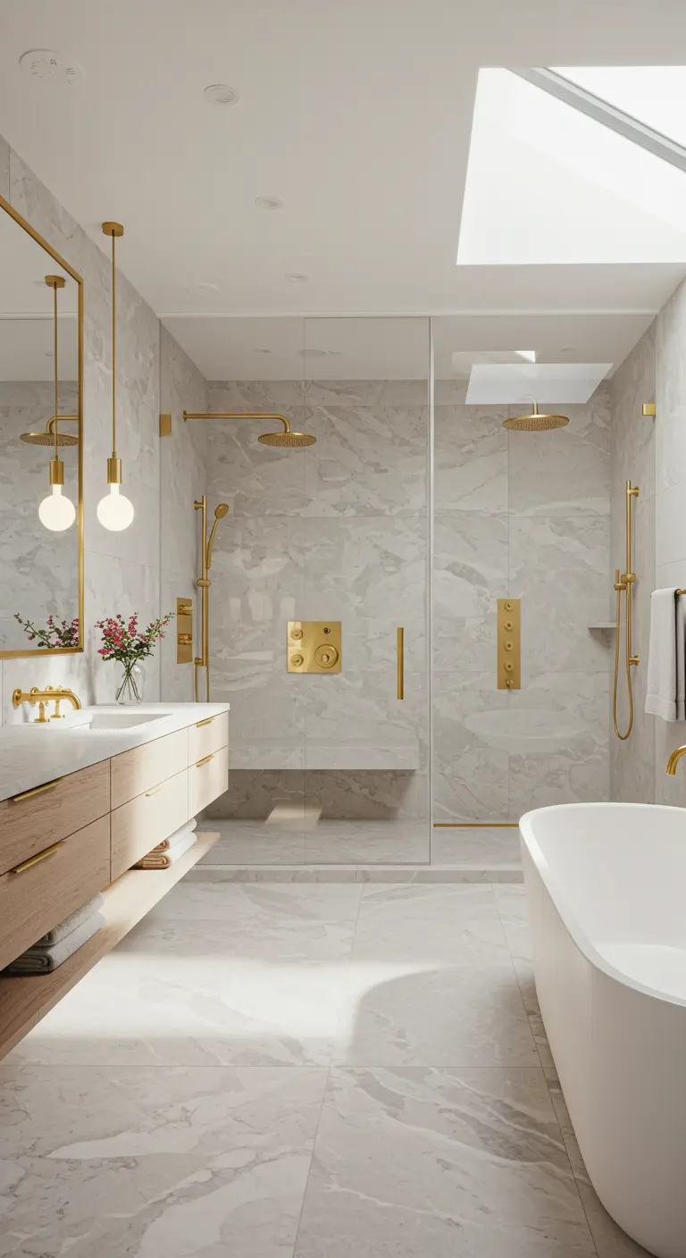 Bright, light-filled marble bathroom with a large skylight over the shower area.