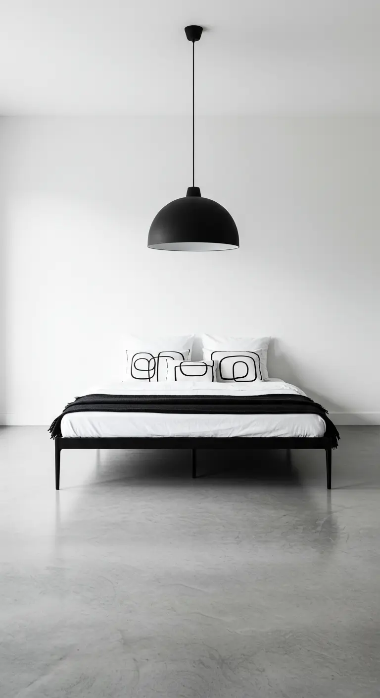 Minimalist bedroom with a large black dome pendant light over a low-profile bed.