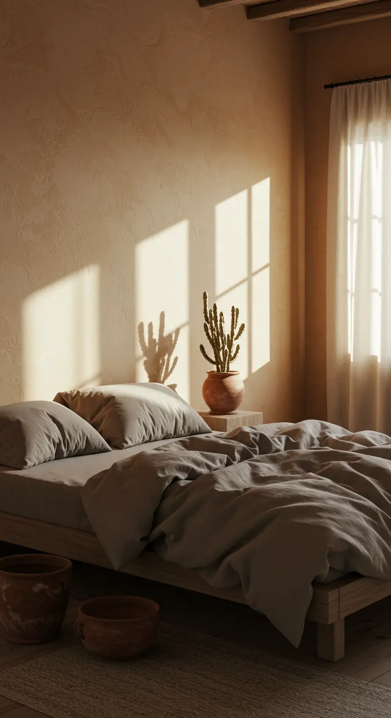Minimalist bedroom with sunlight casting a cactus shadow on the wall.