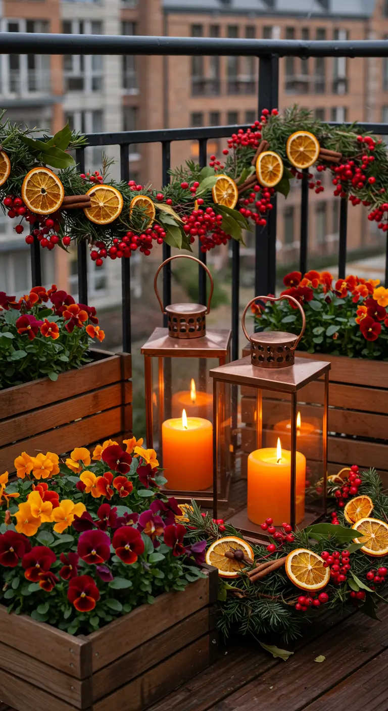 Balcony with a garland of berries, dried oranges, and cinnamon sticks.