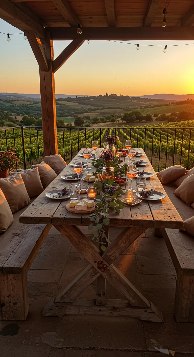 A long rustic wooden table set for dinner on a veranda overlooking rolling hills.