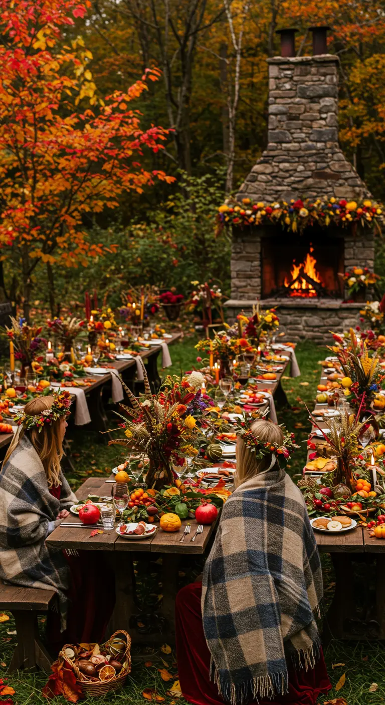 Autumnal woodland wedding feast with a stone fireplace and garlands of fruit and flowers.