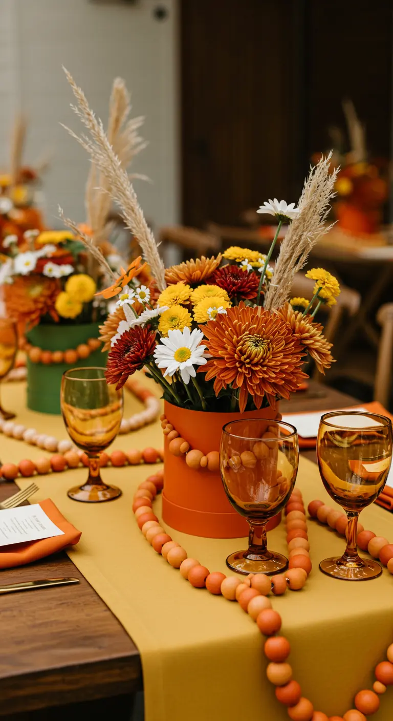 Orange hatbox centerpiece with fall-colored mums and daisies, surrounded by an orange bead garland.