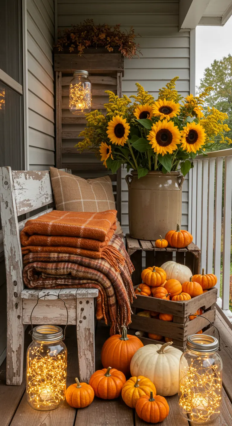 An autumn-themed porch with pumpkins, sunflowers, plaid blankets, and glowing mason jar lanterns.