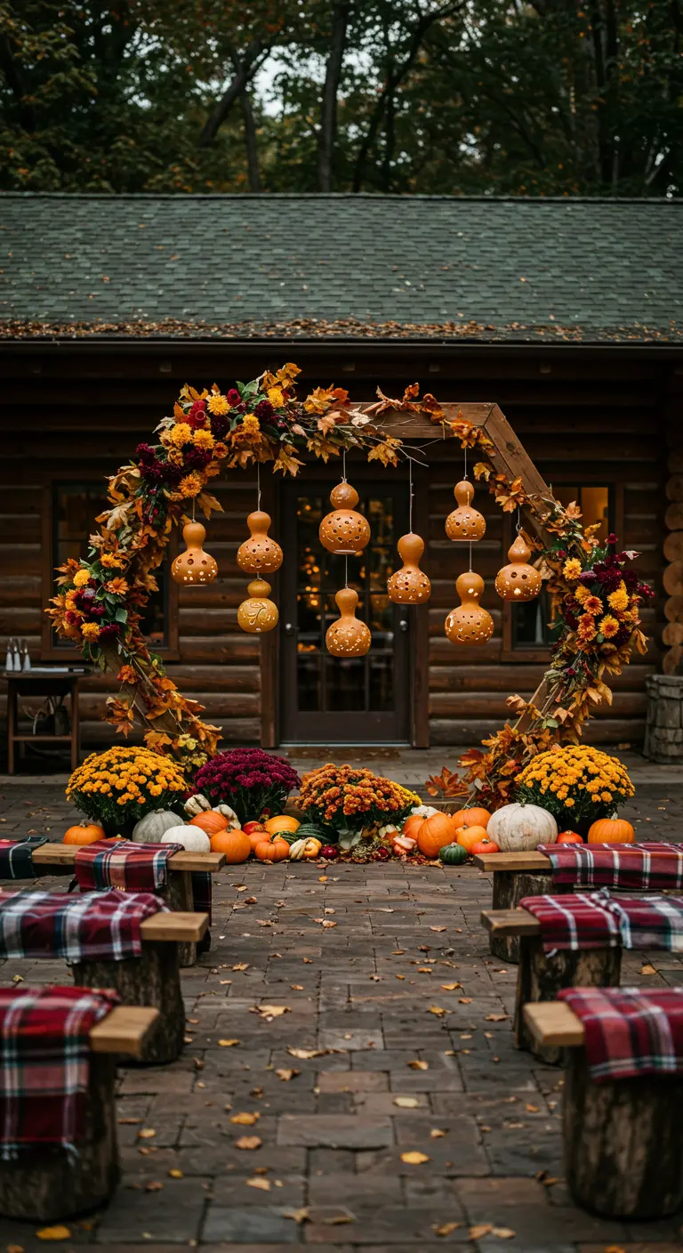 An autumn wedding arch decorated with fall foliage and hanging lanterns made from hollowed gourds.