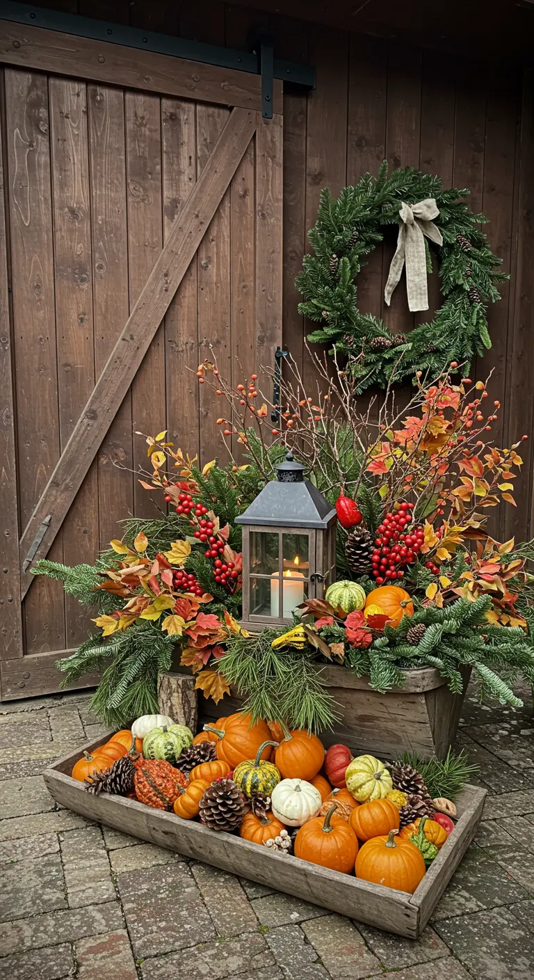 A wooden trough filled with pumpkins, gourds, pine, and a central lantern.