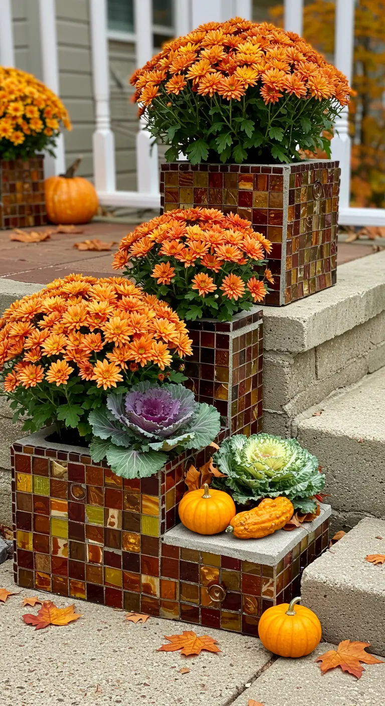 Tiered planters on steps with an amber and brown tile mosaic hold orange autumn mums.