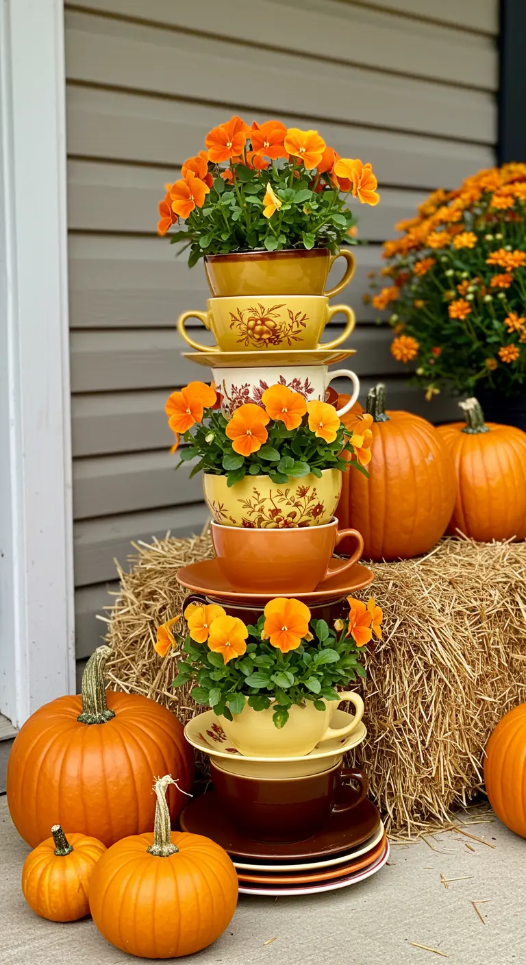 Autumnal teacup tower with orange pansies, surrounded by pumpkins on a hay bale.